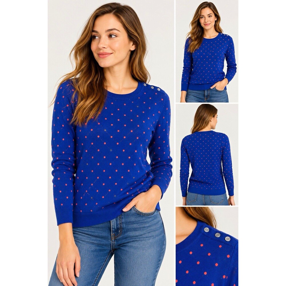 J.Crew 100% Merino Wool Sweater Women’s Large Blue Coral Polka Dot Button Detail